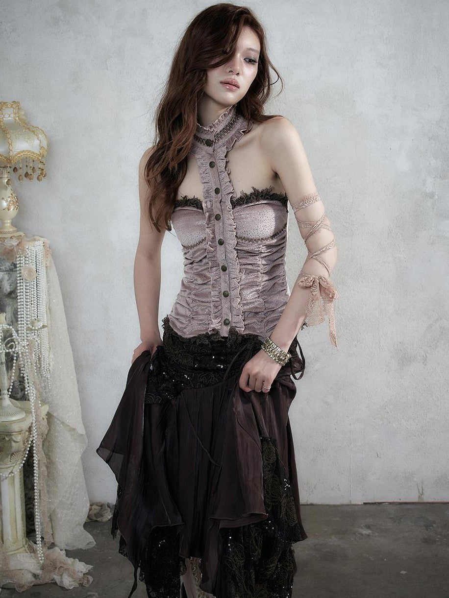 NO ROMANCE Vintage Baroque Lace Panel Ruched Velvet Bustier Women&