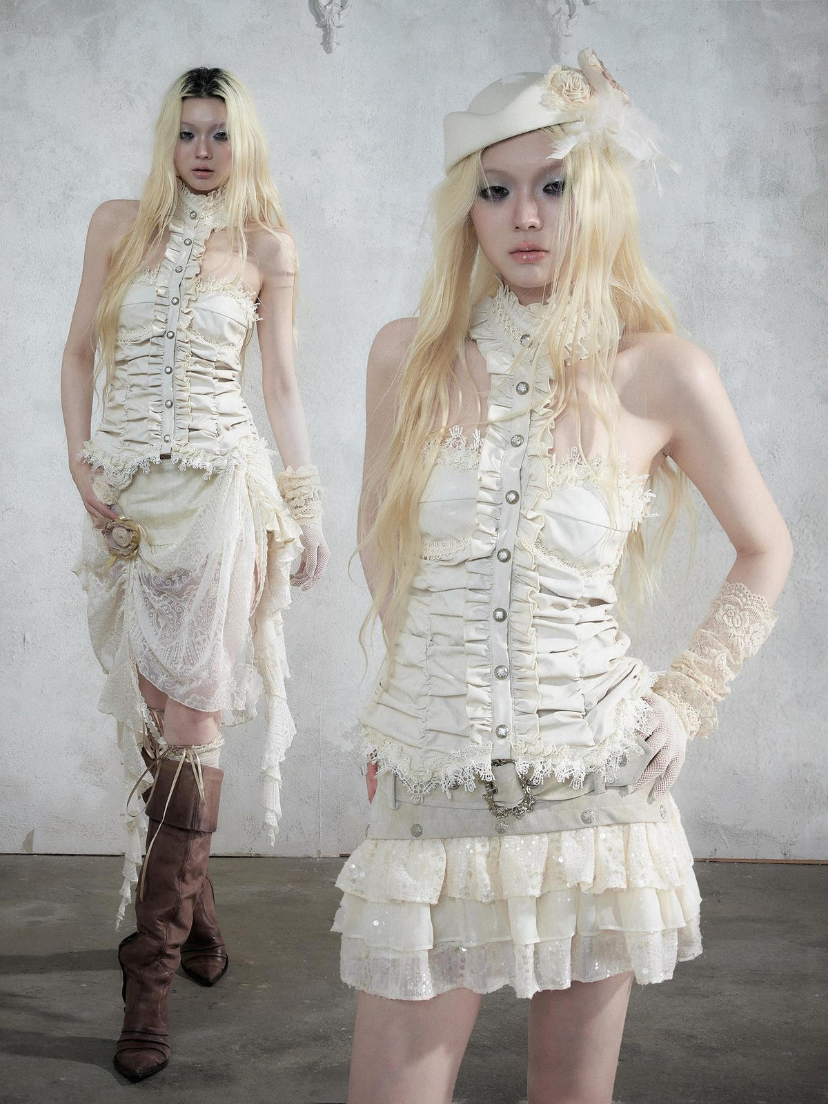 NO ROMANCE Vintage Baroque Lace Panel Ruched Velvet Bustier Women&