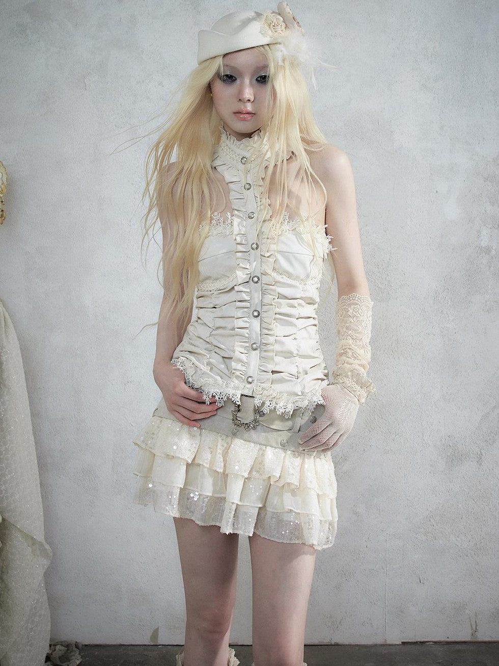 NO ROMANCE Vintage Baroque Lace Panel Ruched Velvet Bustier Women&