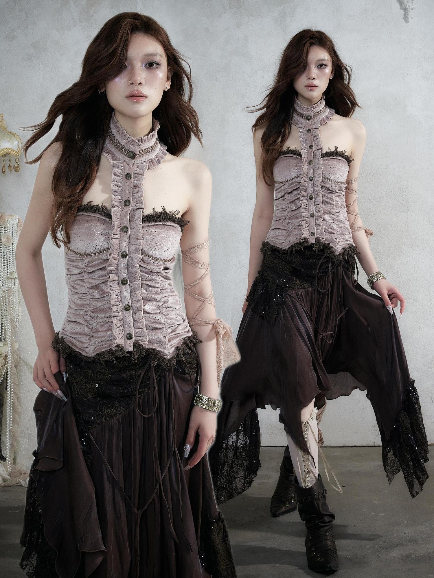 NO ROMANCE Vintage Baroque Lace Panel Ruched Velvet Bustier Women&