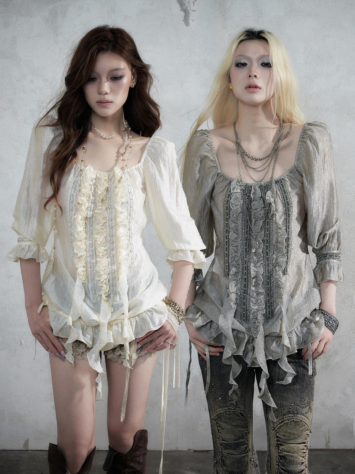 NO ROMANCE Vintage Court Ribbon Ruffle Puff Three Quarter Sleeve Women&