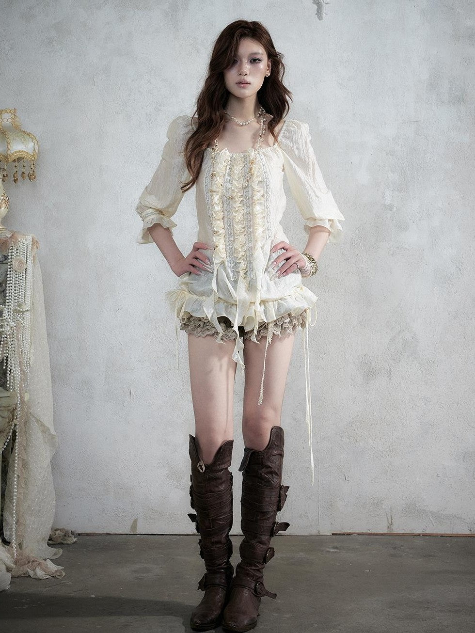 NO ROMANCE Vintage Court Ribbon Ruffle Puff Three Quarter Sleeve Women&