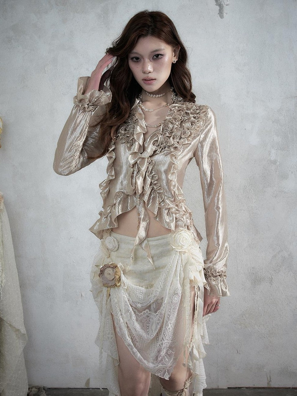 NO ROMANCE Vintage Court Ruffle Tie Waist Long Sleeve Women&