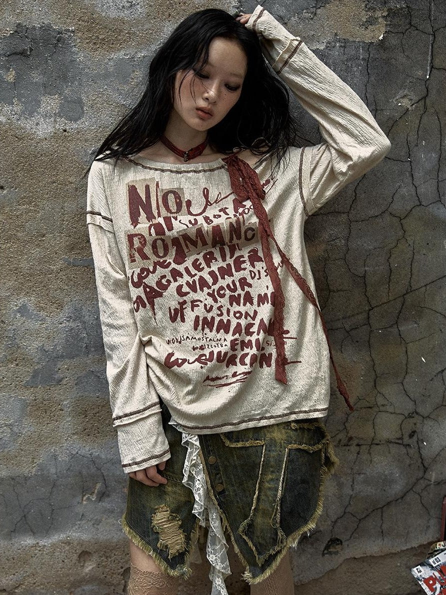 NO ROMANCE Vintage Distressed Lace Print Bow Women&