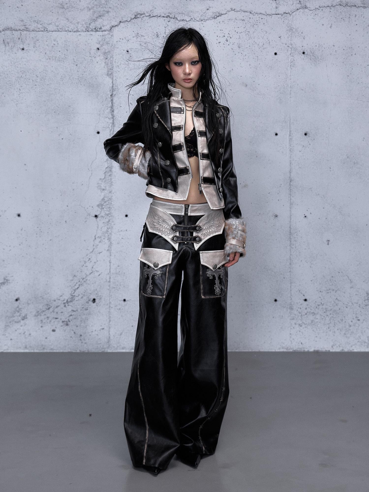 NO ROMANCE Vintage Distressed Low Rise Wide Leg Relaxed Fit Women Faded Black Pants