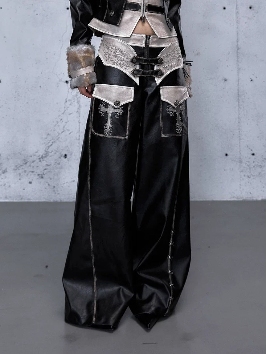 NO ROMANCE Vintage Distressed Low Rise Wide Leg Relaxed Fit Women Faded Black Pants