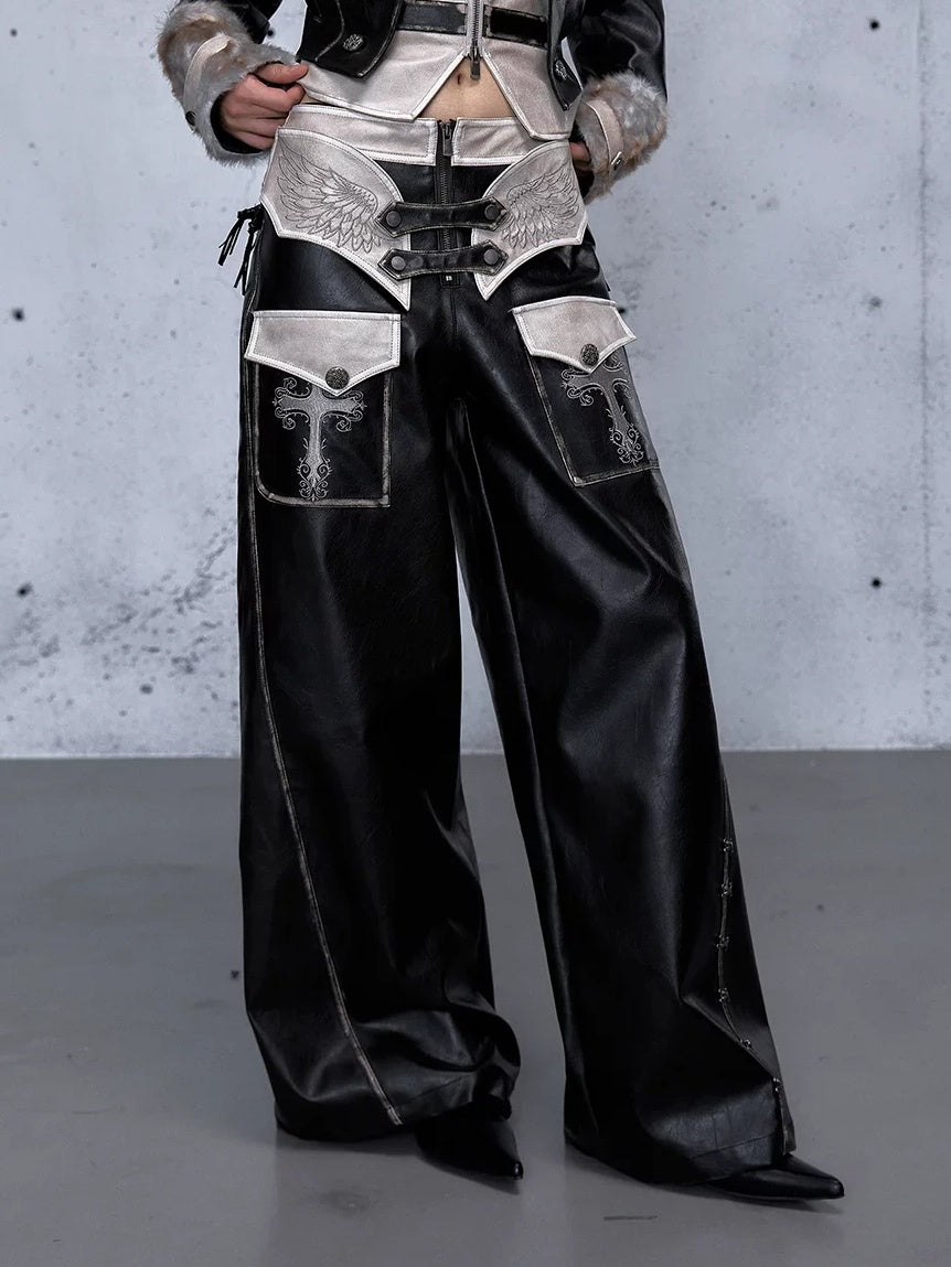 NO ROMANCE Vintage Distressed Low Rise Wide Leg Relaxed Fit Women Faded Black Pants