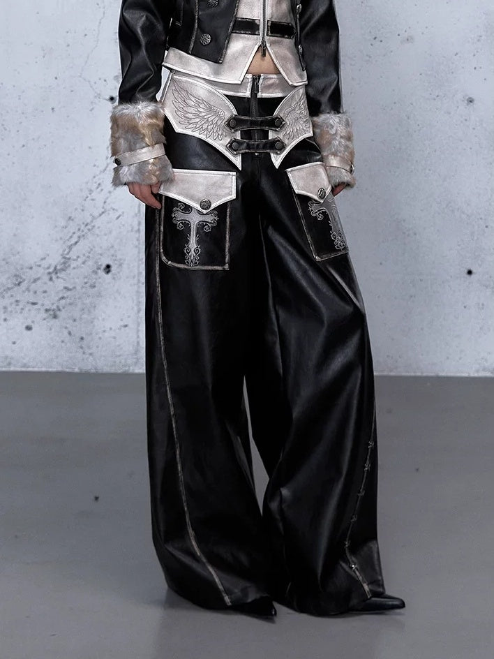 NO ROMANCE Vintage Distressed Low Rise Wide Leg Relaxed Fit Women Faded Black Pants