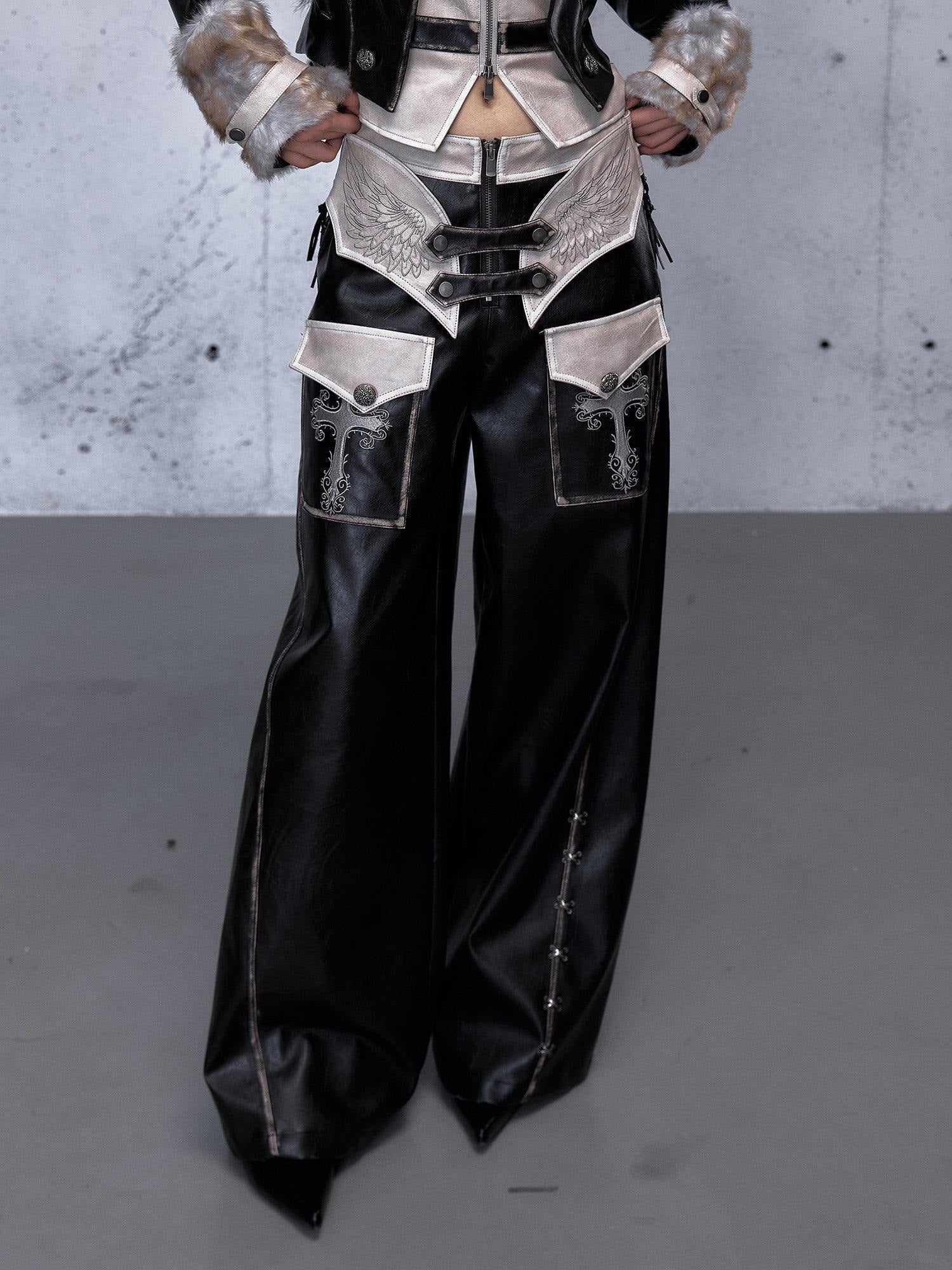 NO ROMANCE Vintage Distressed Low Rise Wide Leg Relaxed Fit Women Faded Black Pants