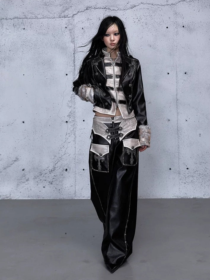 NO ROMANCE Vintage Distressed Low Rise Wide Leg Relaxed Fit Women Faded Black Pants