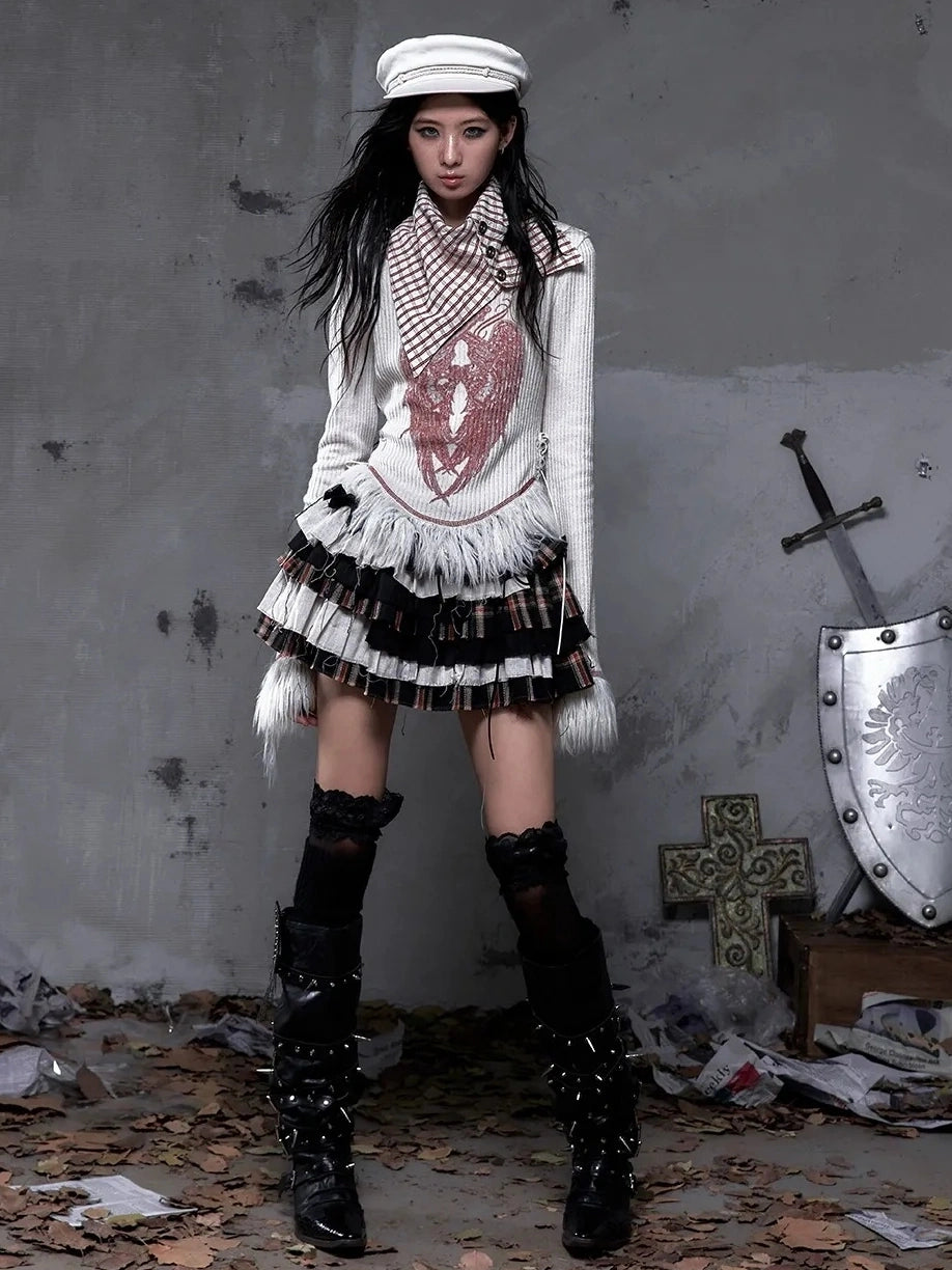 NO ROMANCE Vintage Letter Print Collared Long Sleeve Slim Fit Women Red White T-Shirt