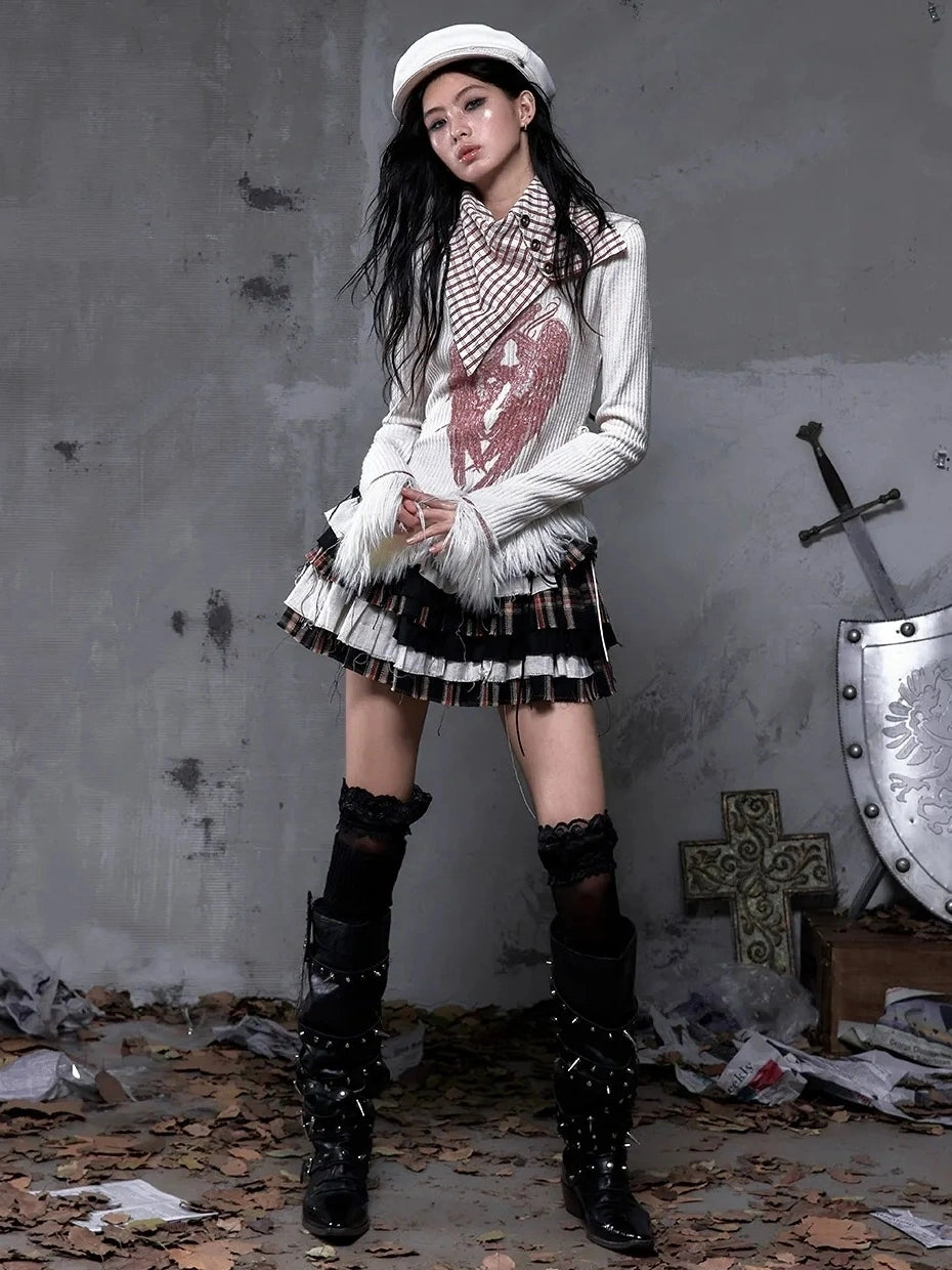 NO ROMANCE Vintage Letter Print Collared Long Sleeve Slim Fit Women Red White T-Shirt