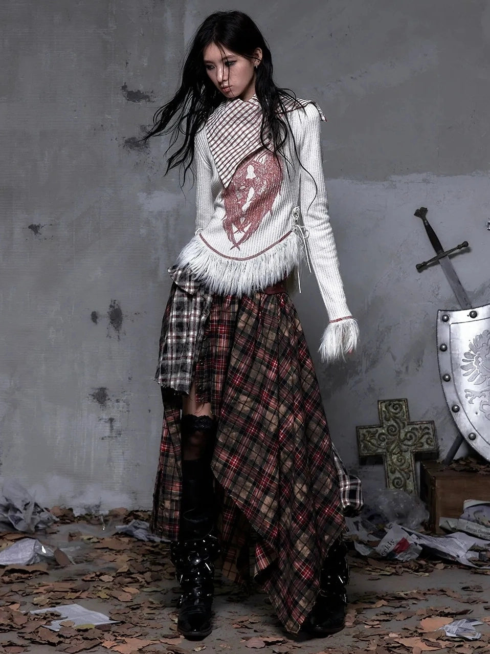 NO ROMANCE Vintage Letter Print Collared Long Sleeve Slim Fit Women Red White T-Shirt