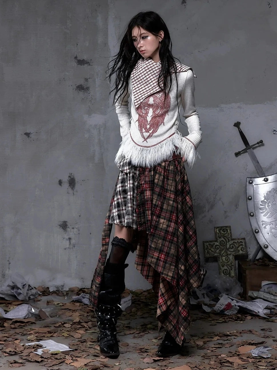 NO ROMANCE Vintage Letter Print Collared Long Sleeve Slim Fit Women Red White T-Shirt