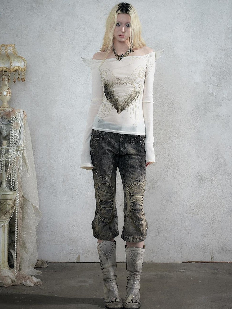 NO ROMANCE Vintage Palace Off Shoulder Print Open Back Wings Slim Fit Women&