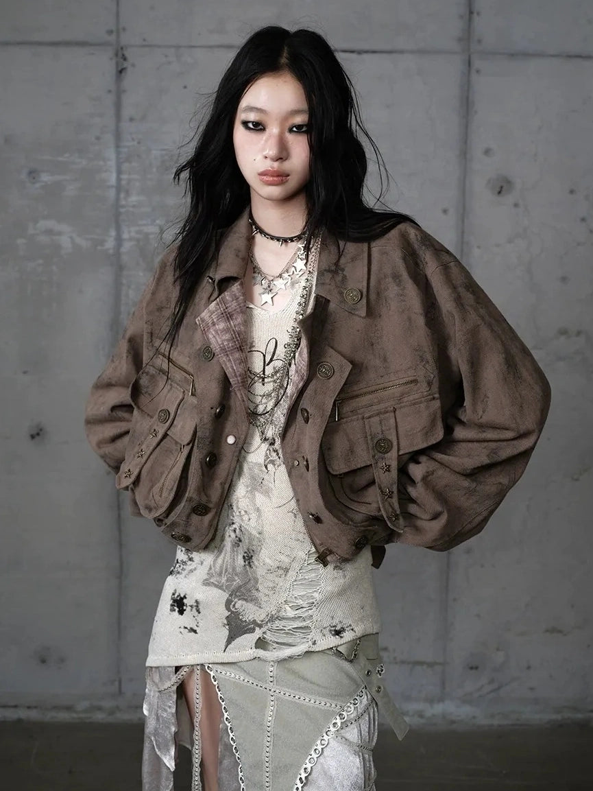 NO ROMANCE Vintage Plaid Oversized Layered Look Women Long Sleeve Button Front Jacket