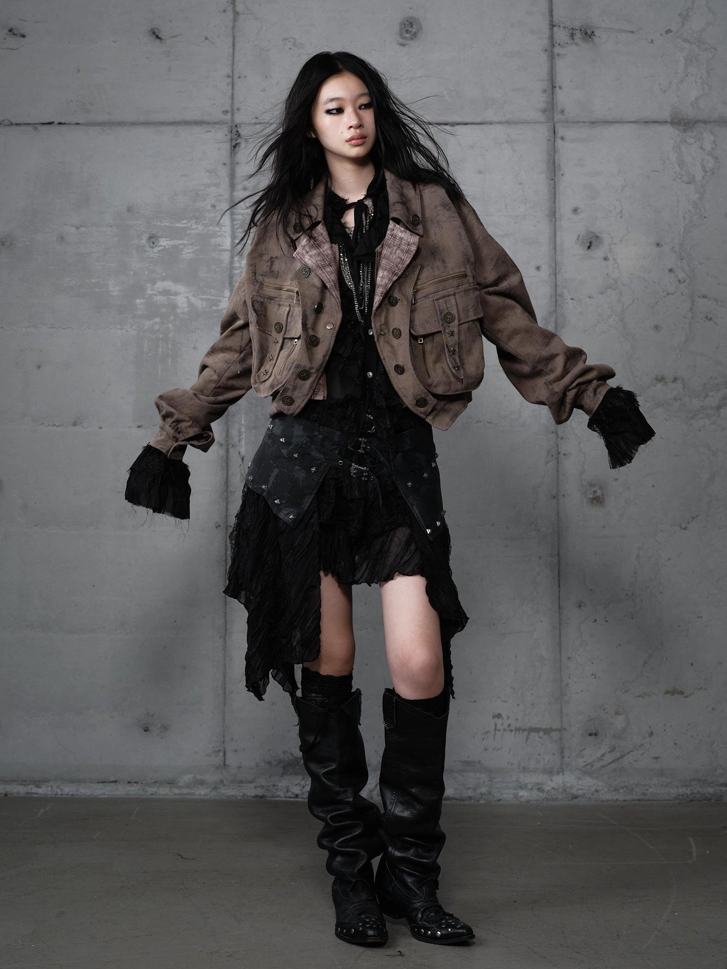 NO ROMANCE Vintage Plaid Oversized Layered Look Women Long Sleeve Button Front Jacket