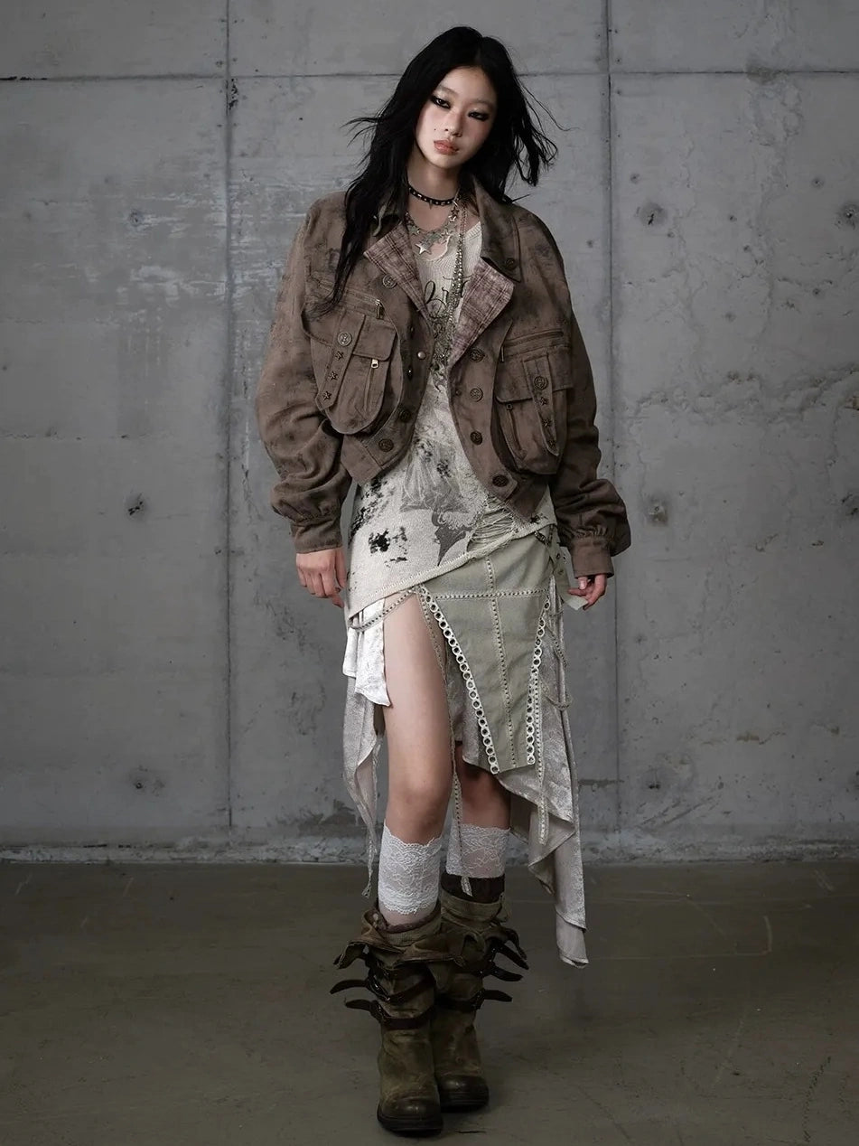 NO ROMANCE Vintage Plaid Oversized Layered Look Women Long Sleeve Button Front Jacket