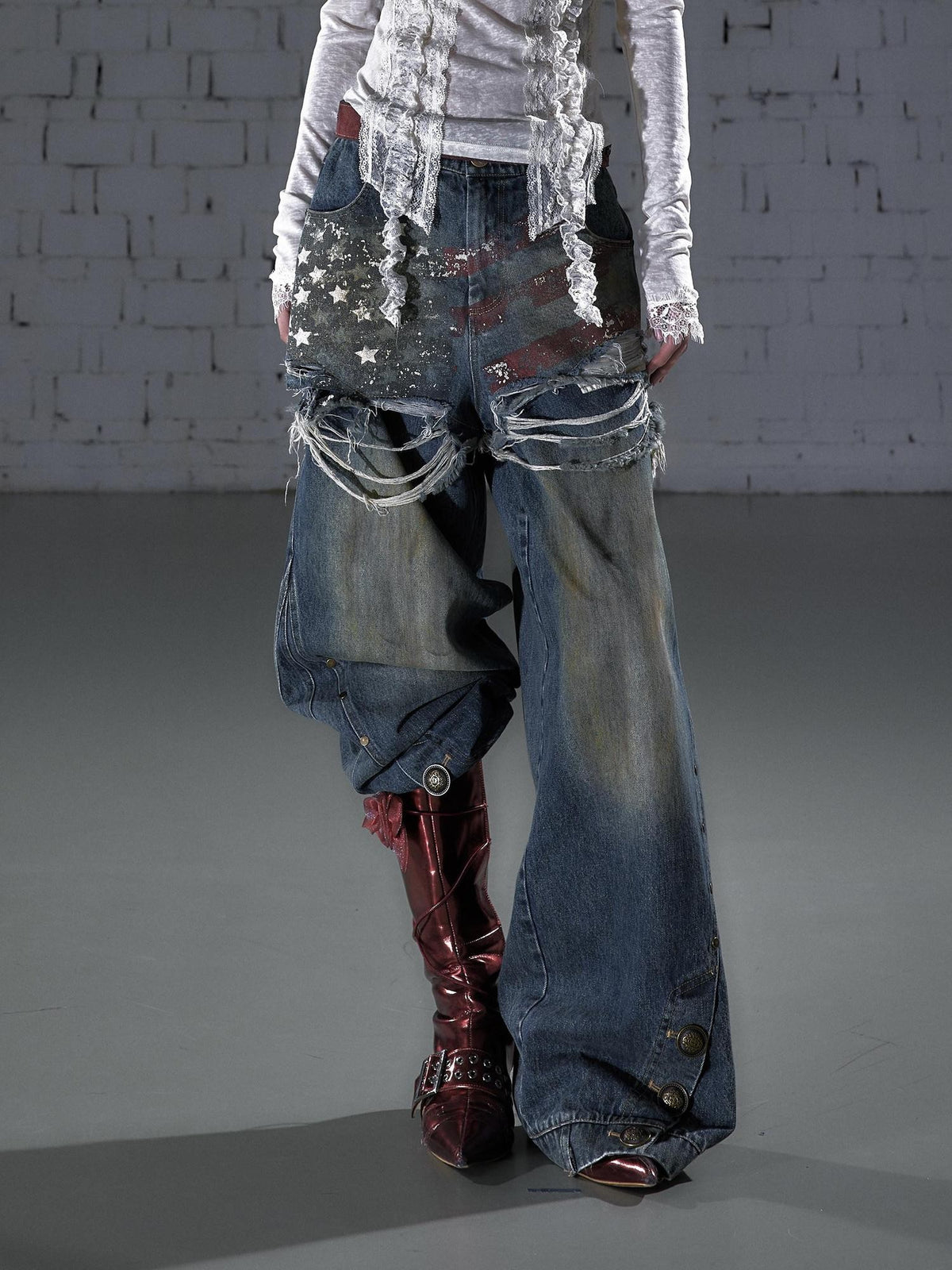 NO ROMANCE Vintage Print Distressed High Waist Loose Fit Women&
