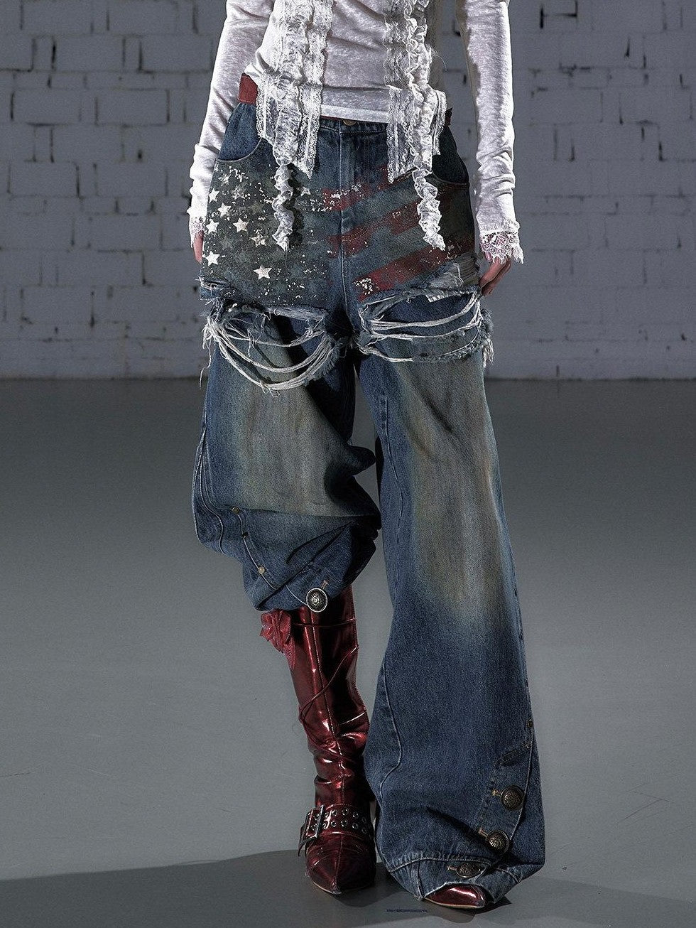 NO ROMANCE Vintage Print Distressed High Waist Loose Fit Women&