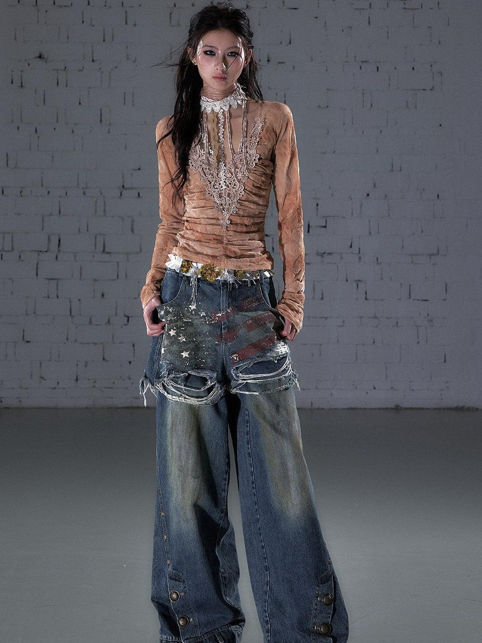 NO ROMANCE Vintage Print Distressed High Waist Loose Fit Women&