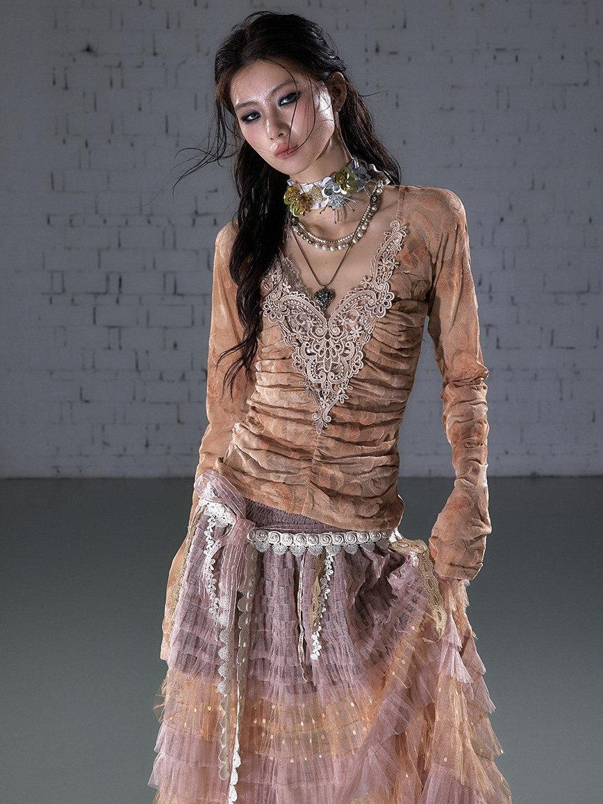 NO ROMANCE Vintage Regal Pleated Hand Beaded Floral Women&