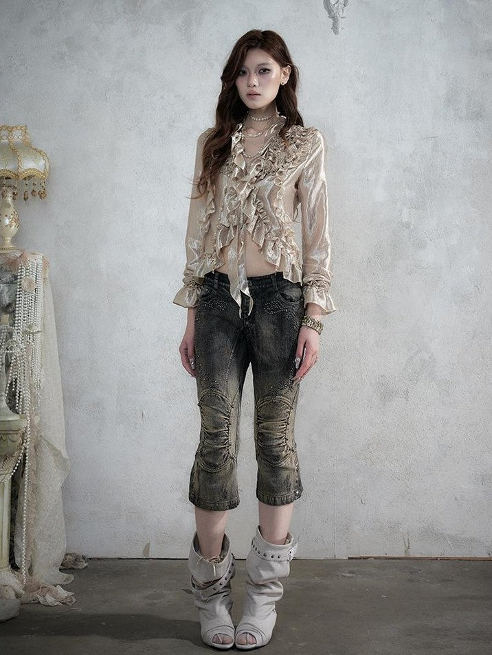 NO ROMANCE Vintage Rhinestone Washed Distressed Slim Women&
