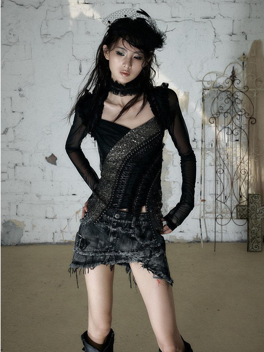 NO ROMANCE Vintage Street Washed Patchwork Frayed Asymmetrical Women&