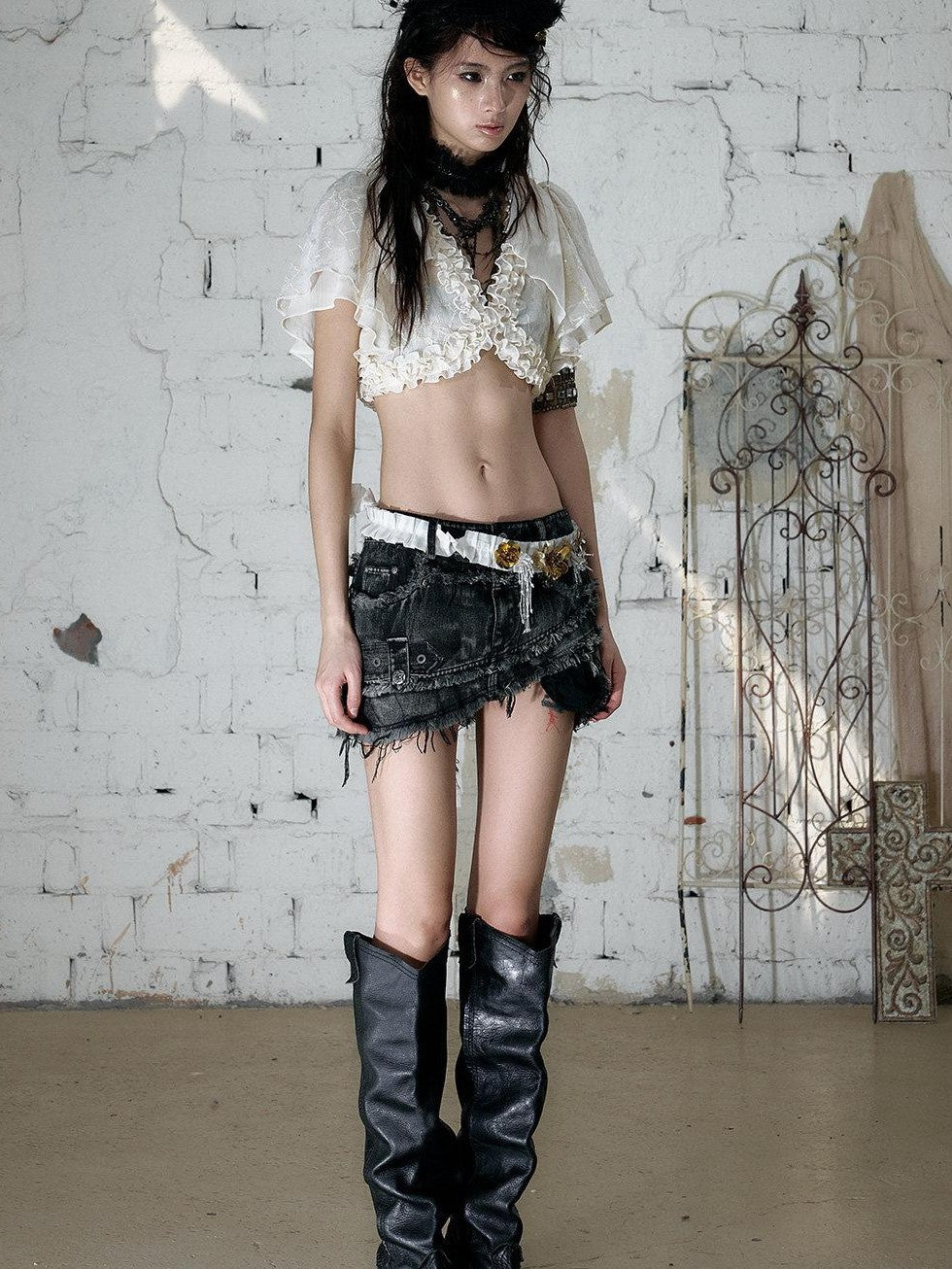 NO ROMANCE Vintage Street Washed Patchwork Frayed Asymmetrical Women&