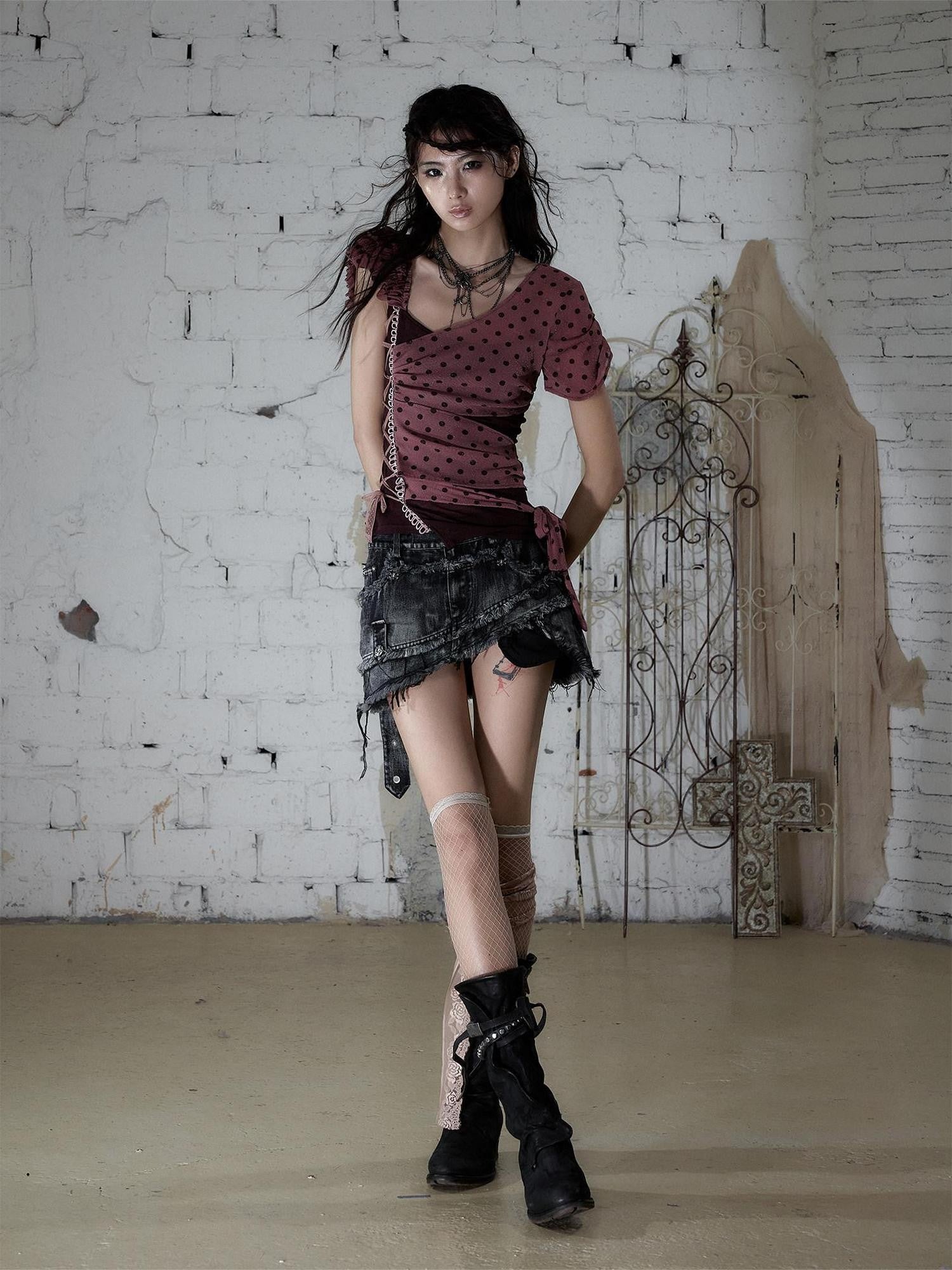 NO ROMANCE Vintage Street Washed Patchwork Frayed Asymmetrical Women&