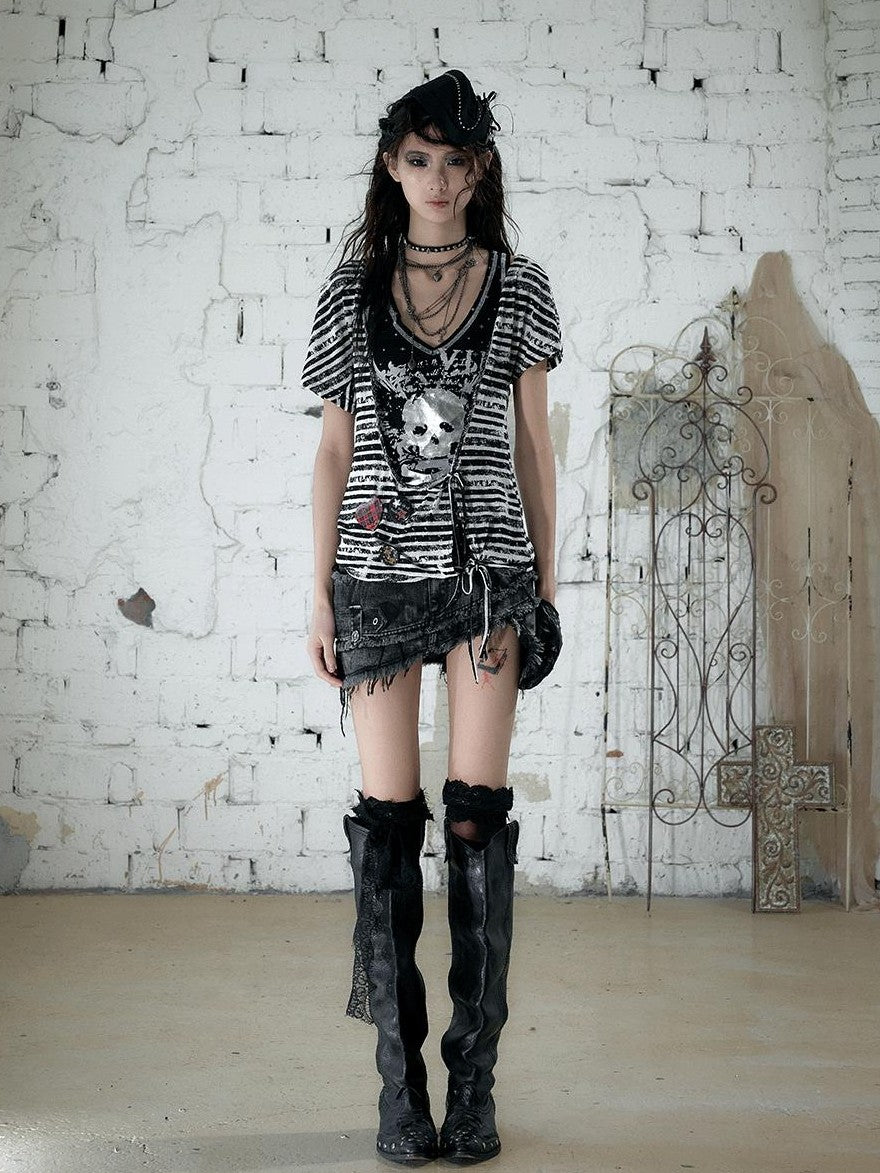 NO ROMANCE Vintage Street Washed Patchwork Frayed Asymmetrical Women&