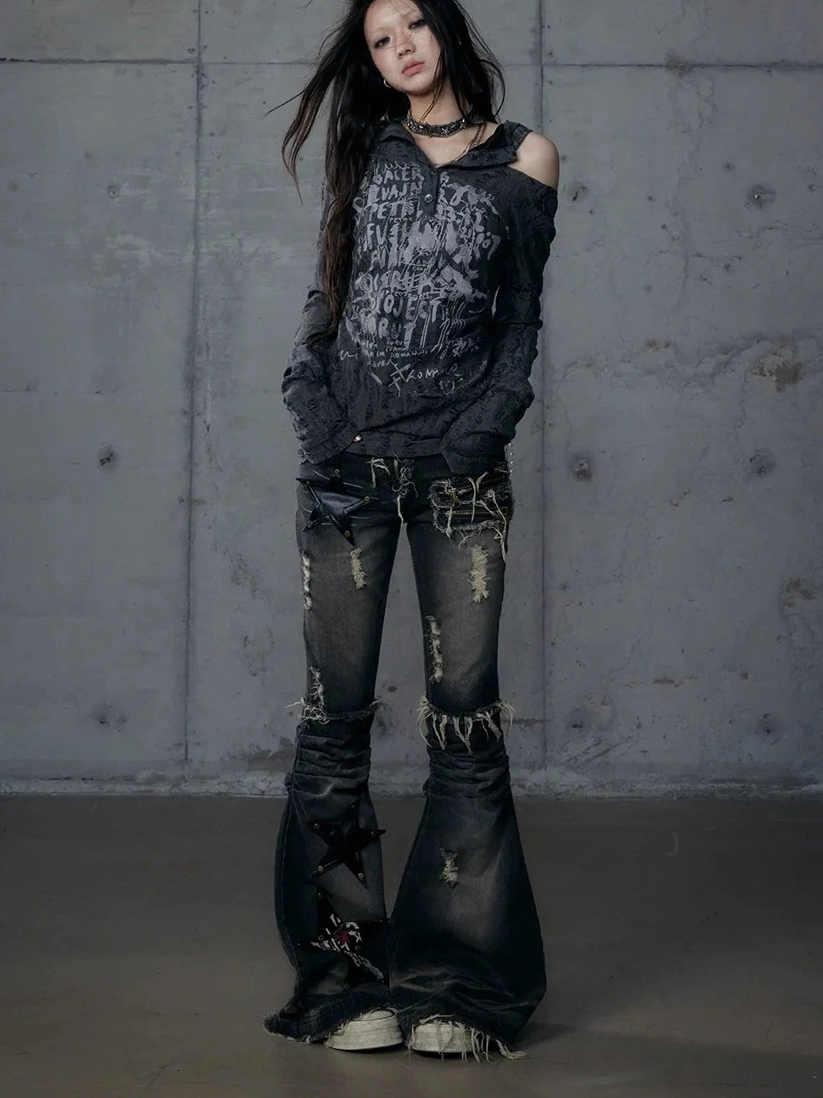 NO ROMANCE Vintage Washed Black Star Print High Waisted Slim Non Stretch Women Denim Jeans
