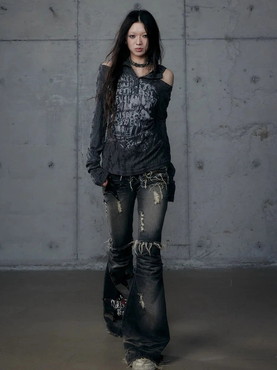 NO ROMANCE Vintage Washed Black Star Print High Waisted Slim Non Stretch Women Denim Jeans