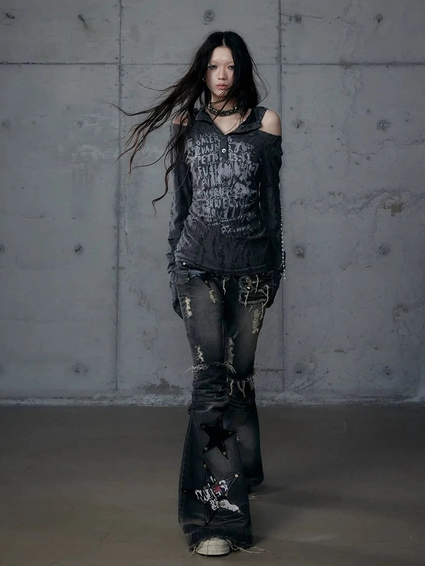 NO ROMANCE Vintage Washed Black Star Print High Waisted Slim Non Stretch Women Denim Jeans