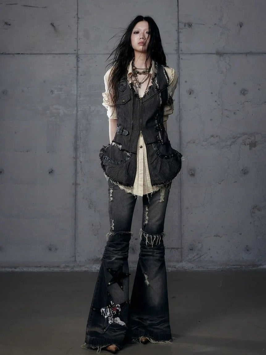 NO ROMANCE Vintage Washed Black Star Print High Waisted Slim Non Stretch Women Denim Jeans