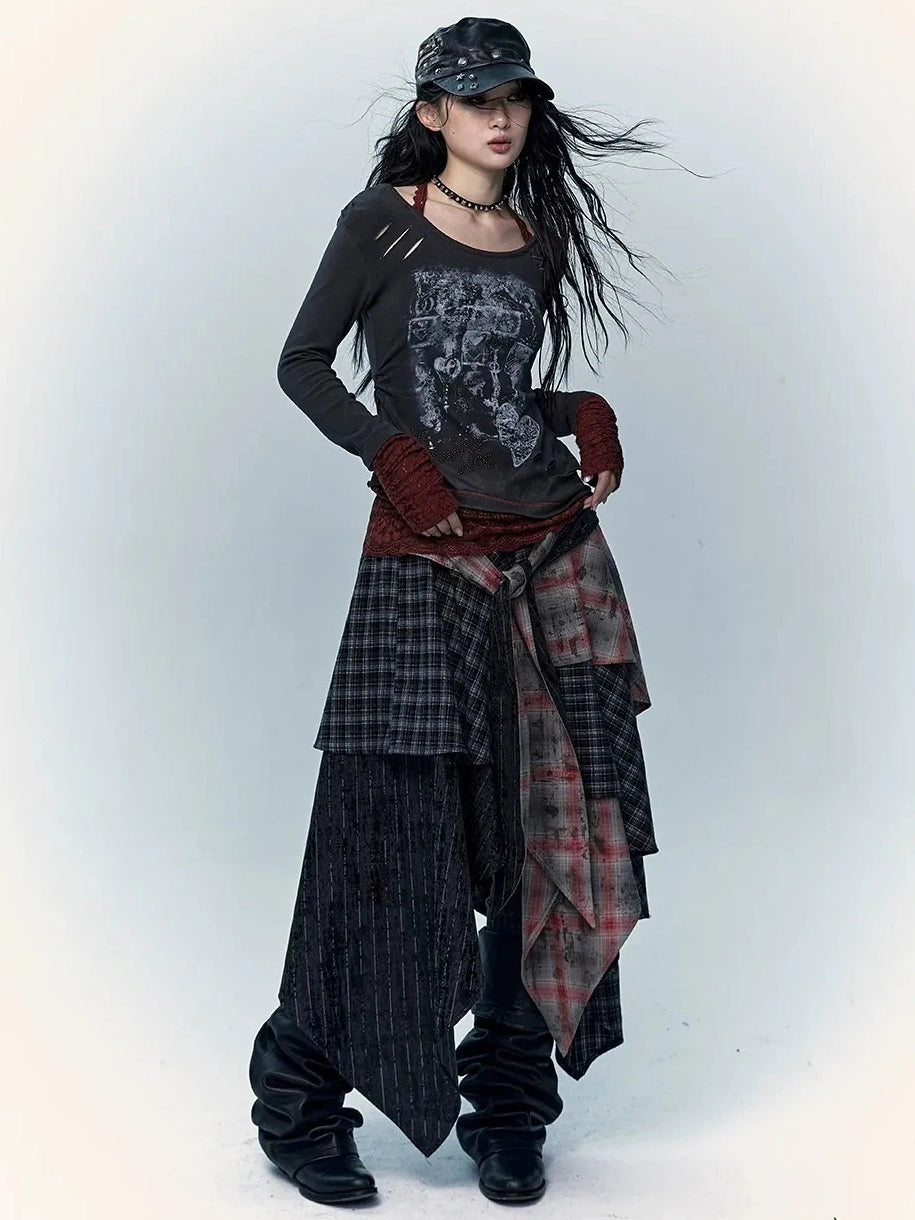 Viscose Blend Patchwork Print Slim Fit Vintage Round Neck Women Gray T-Shirt