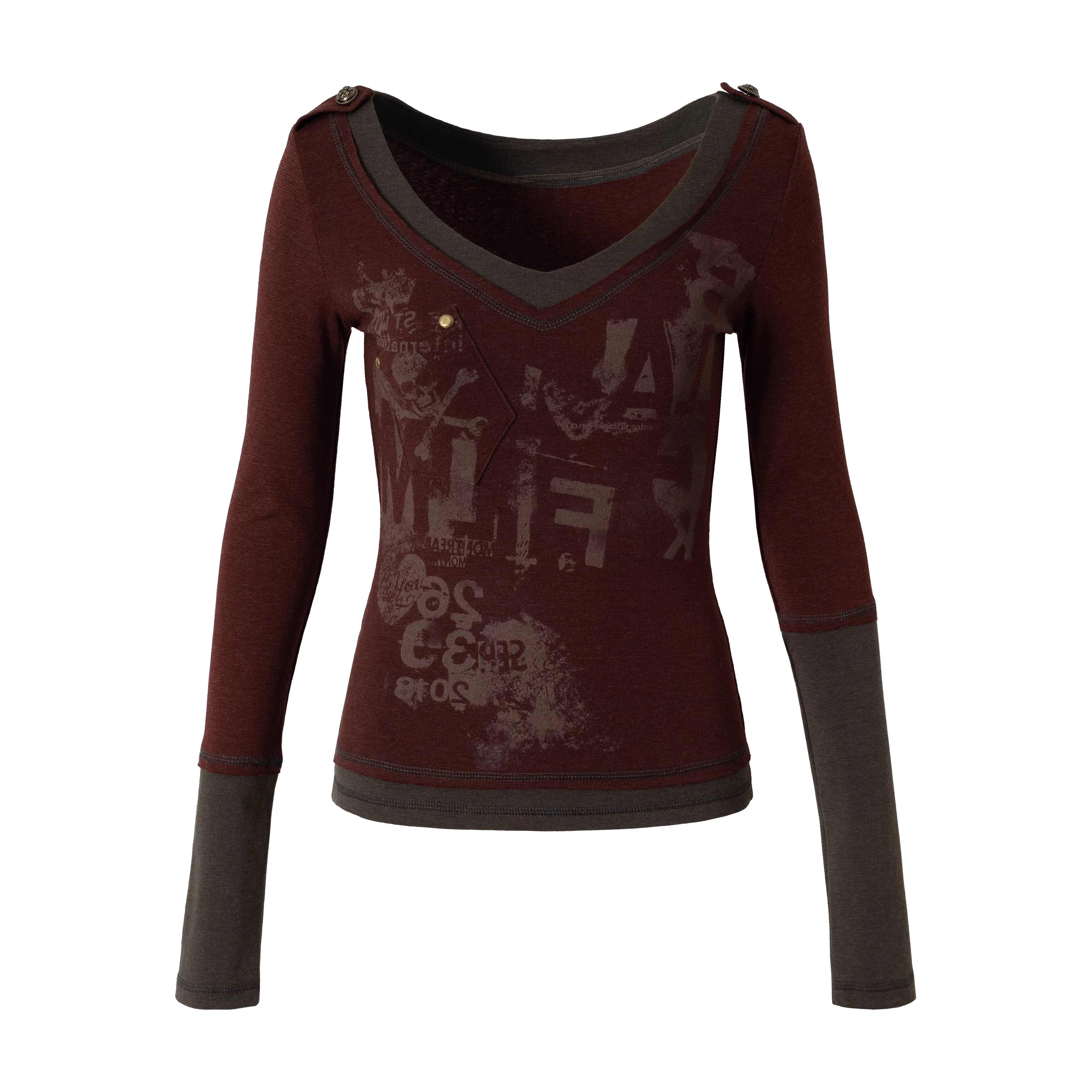 NO_ROMANCE_Waist_Cinching_Retro_V_Neck_Patchwork_Long_Sleeve_Women_Letter_Print_T-Shirt_MISSTT