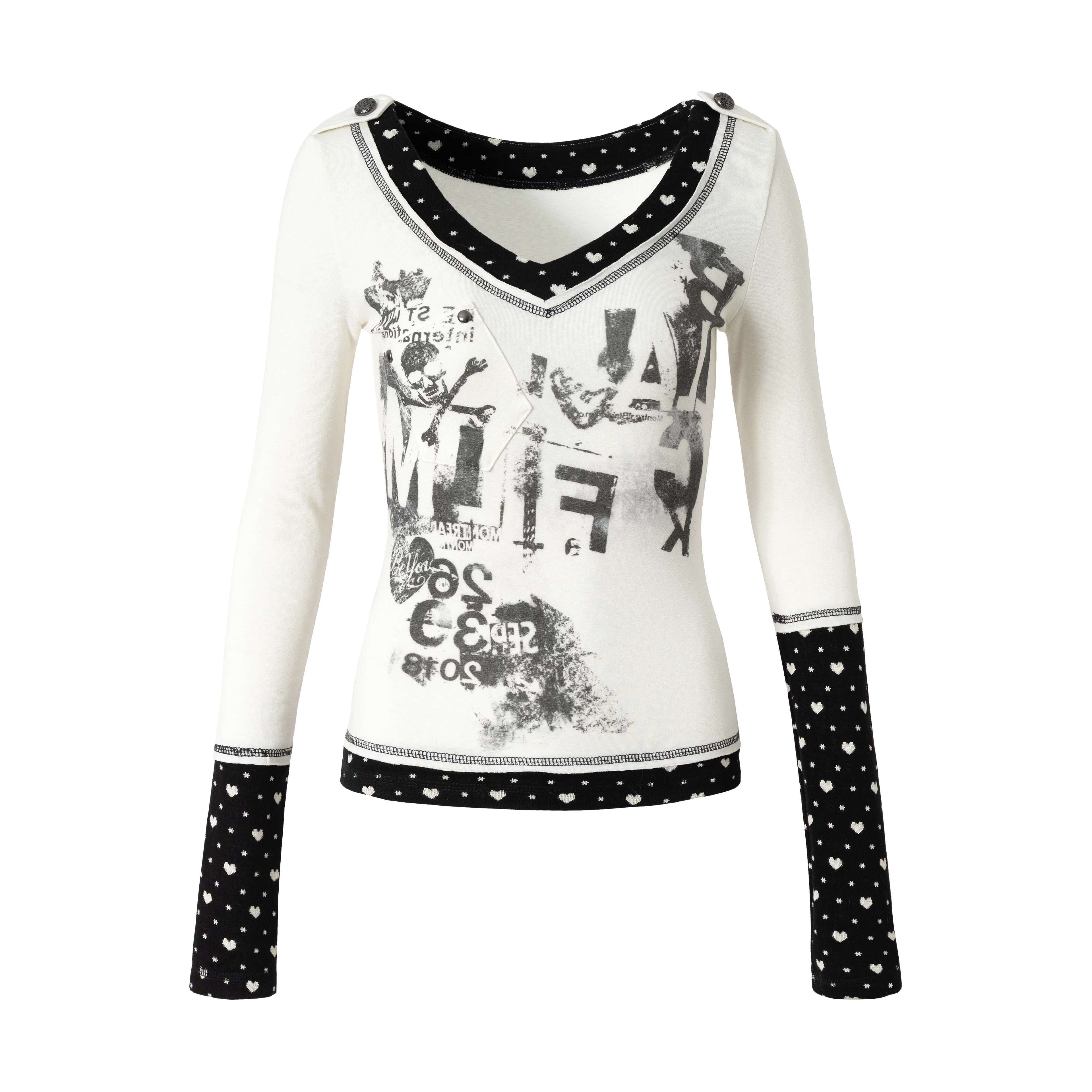 NO_ROMANCE_Waist_Cinching_Retro_V_Neck_Patchwork_Long_Sleeve_Women_Letter_Print_T-Shirt_MISSTT