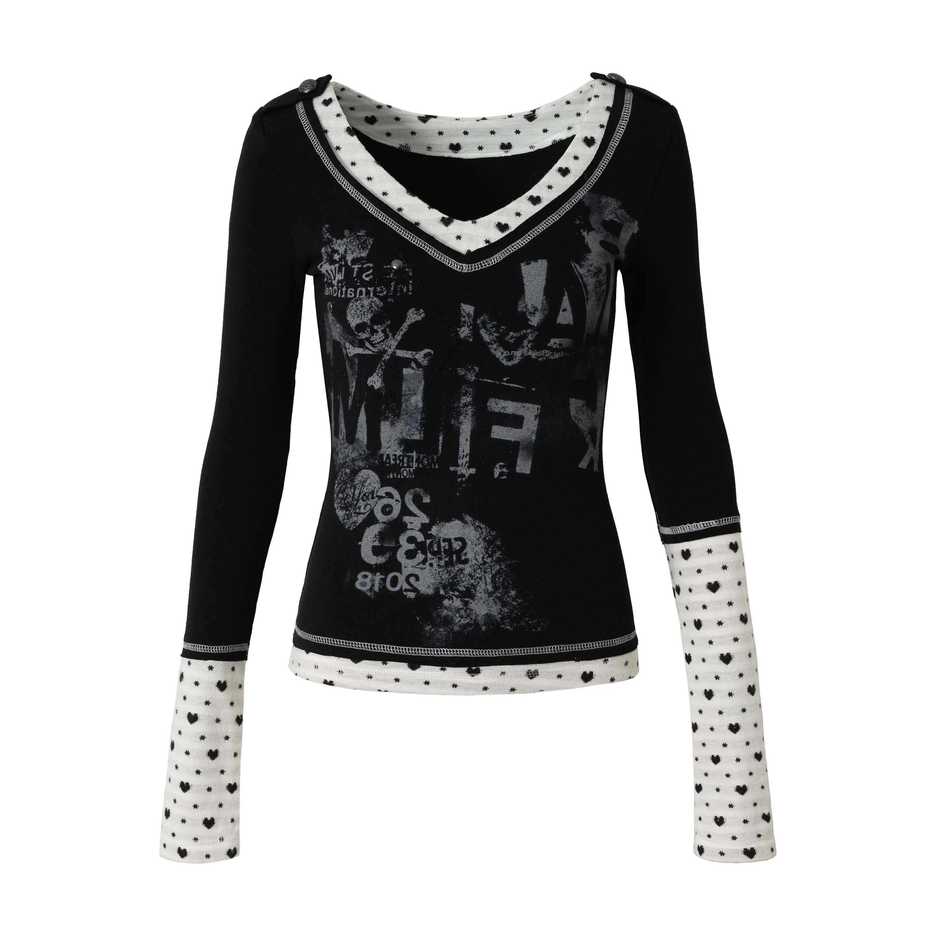 NO_ROMANCE_Waist_Cinching_Retro_V_Neck_Patchwork_Long_Sleeve_Women_Letter_Print_T-Shirt_MISSTT