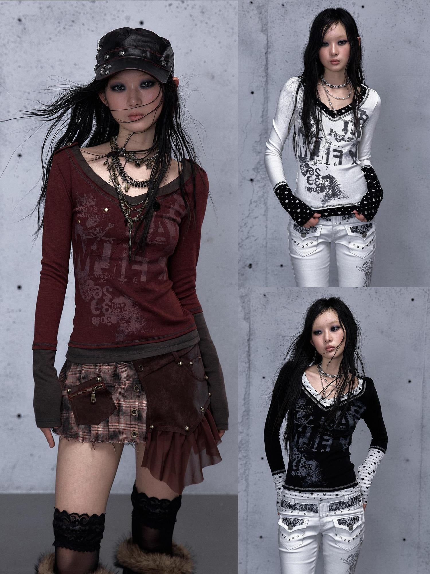 NO ROMANCE Waist Cinching Retro V Neck Patchwork Long Sleeve Women Letter Print T-Shirt