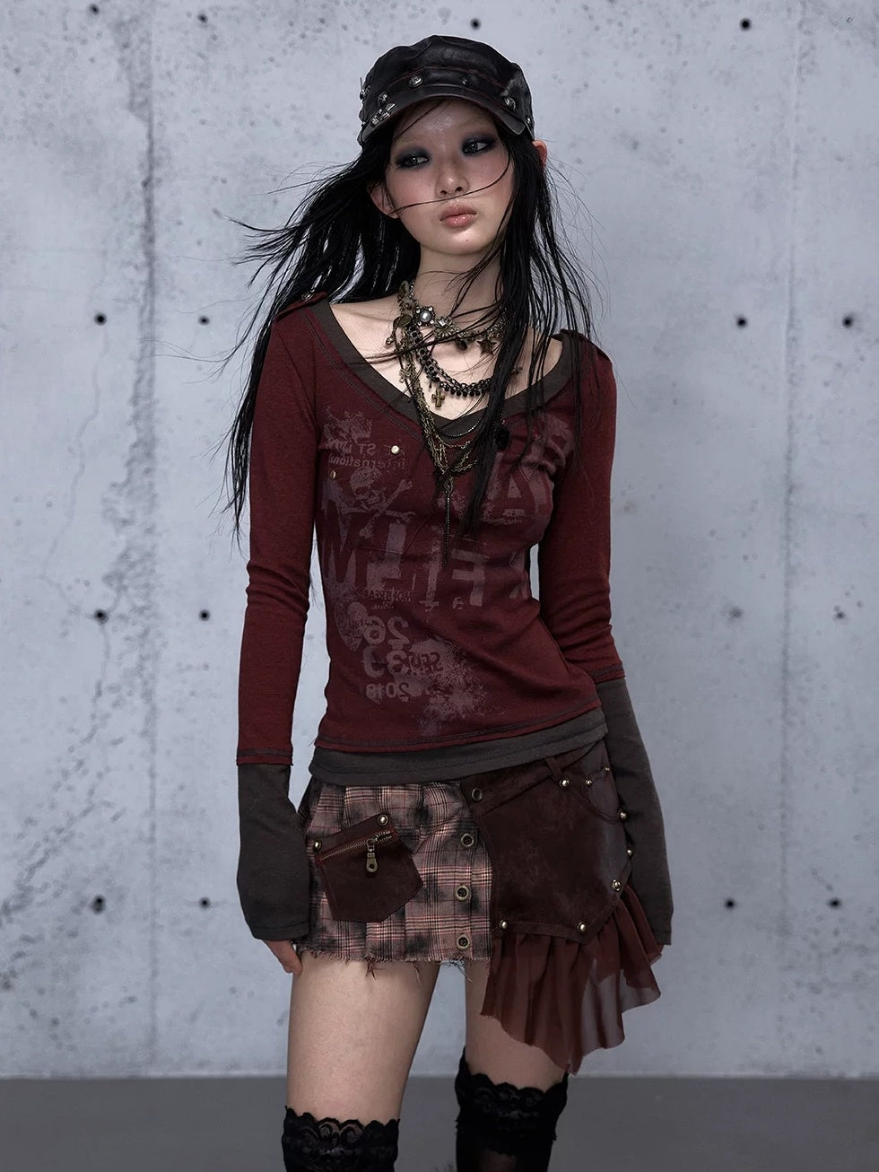 NO ROMANCE Waist Cinching Retro V Neck Patchwork Long Sleeve Women Letter Print T-Shirt