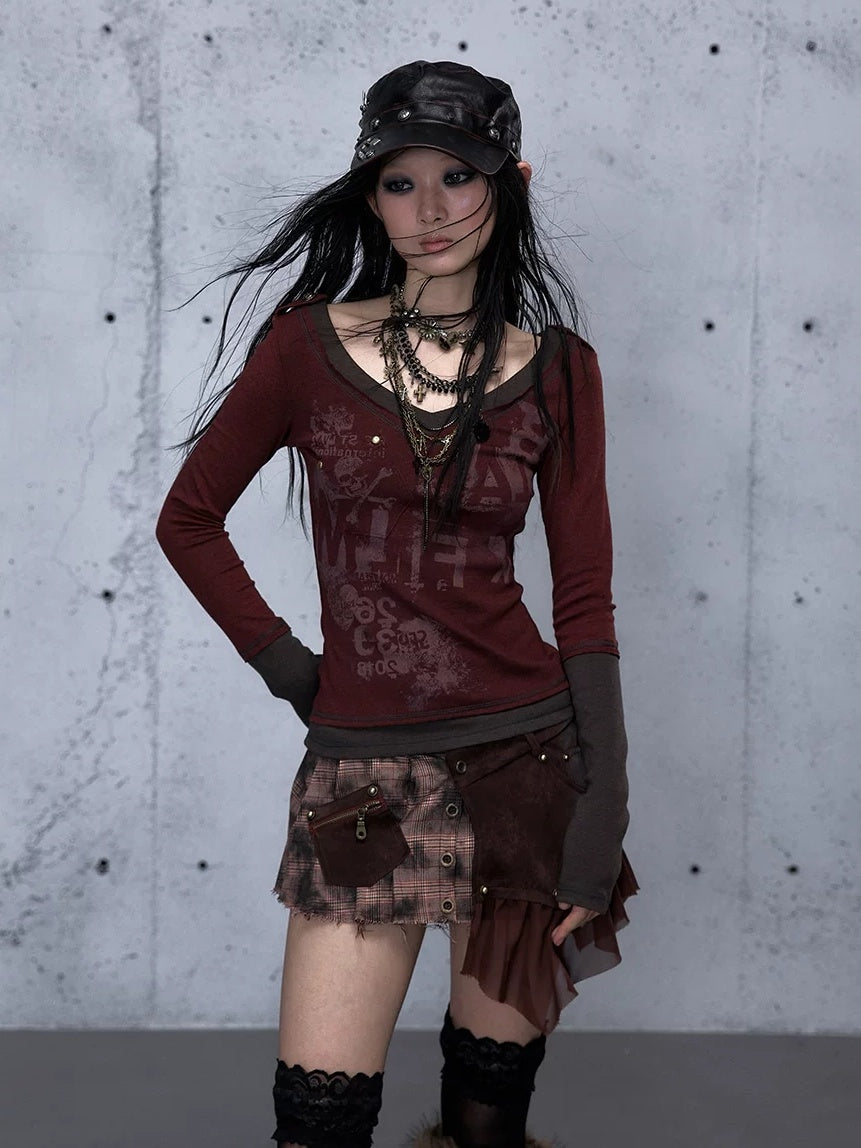 NO ROMANCE Waist Cinching Retro V Neck Patchwork Long Sleeve Women Letter Print T-Shirt