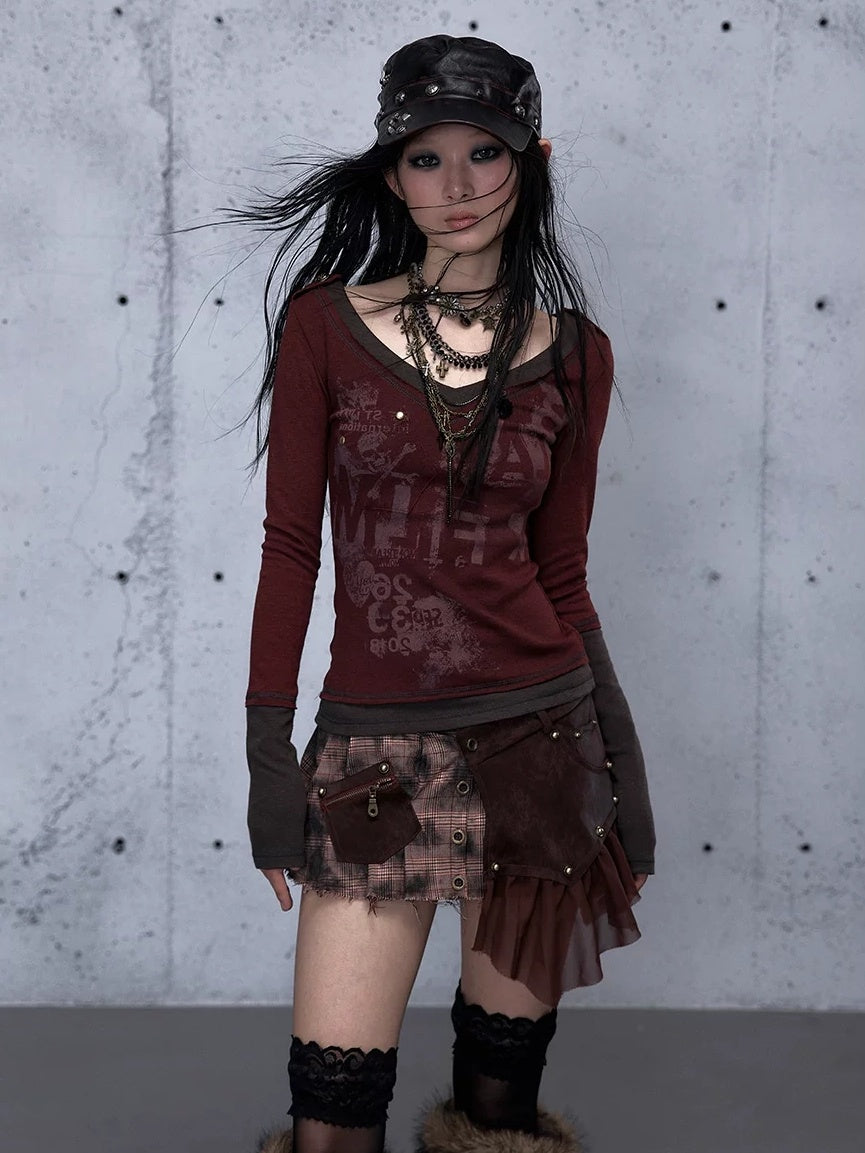 NO ROMANCE Waist Cinching Retro V Neck Patchwork Long Sleeve Women Letter Print T-Shirt