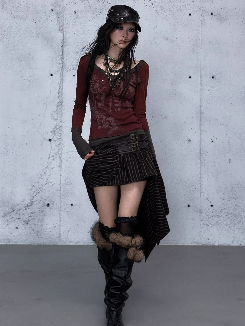 NO ROMANCE Waist Cinching Retro V Neck Patchwork Long Sleeve Women Letter Print T-Shirt