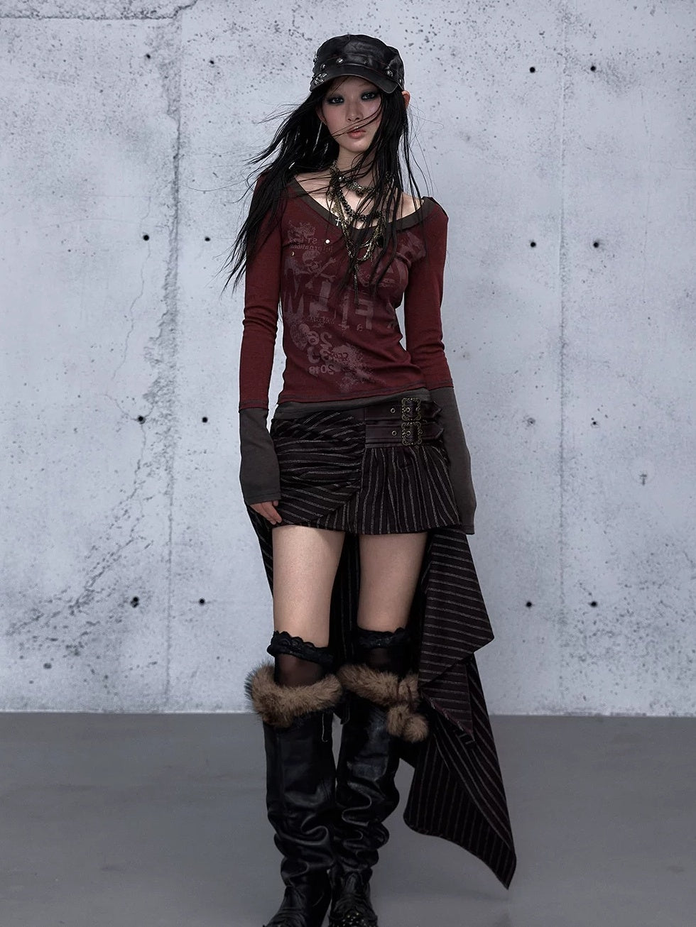 NO ROMANCE Waist Cinching Retro V Neck Patchwork Long Sleeve Women Letter Print T-Shirt