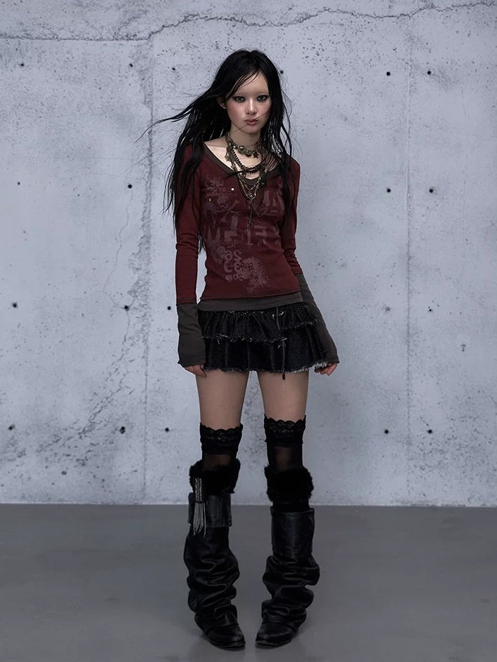 NO ROMANCE Waist Cinching Retro V Neck Patchwork Long Sleeve Women Letter Print T-Shirt