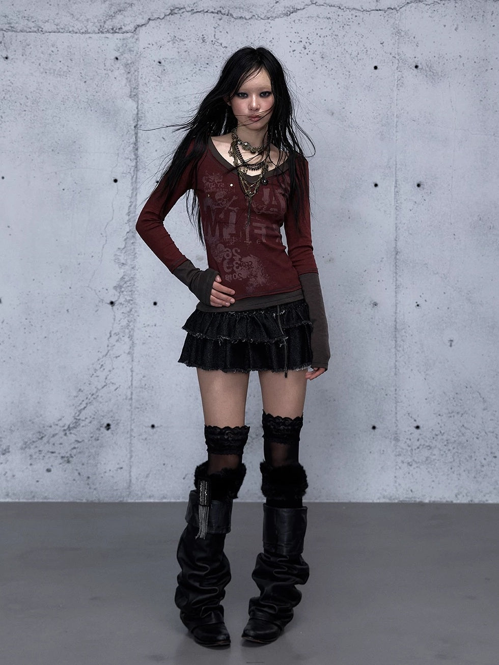 NO ROMANCE Waist Cinching Retro V Neck Patchwork Long Sleeve Women Letter Print T-Shirt