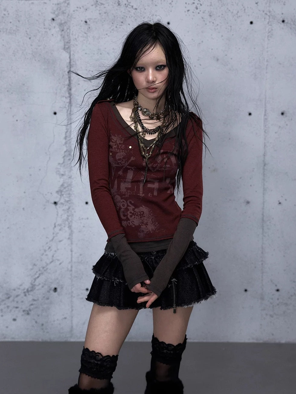 NO ROMANCE Waist Cinching Retro V Neck Patchwork Long Sleeve Women Letter Print T-Shirt