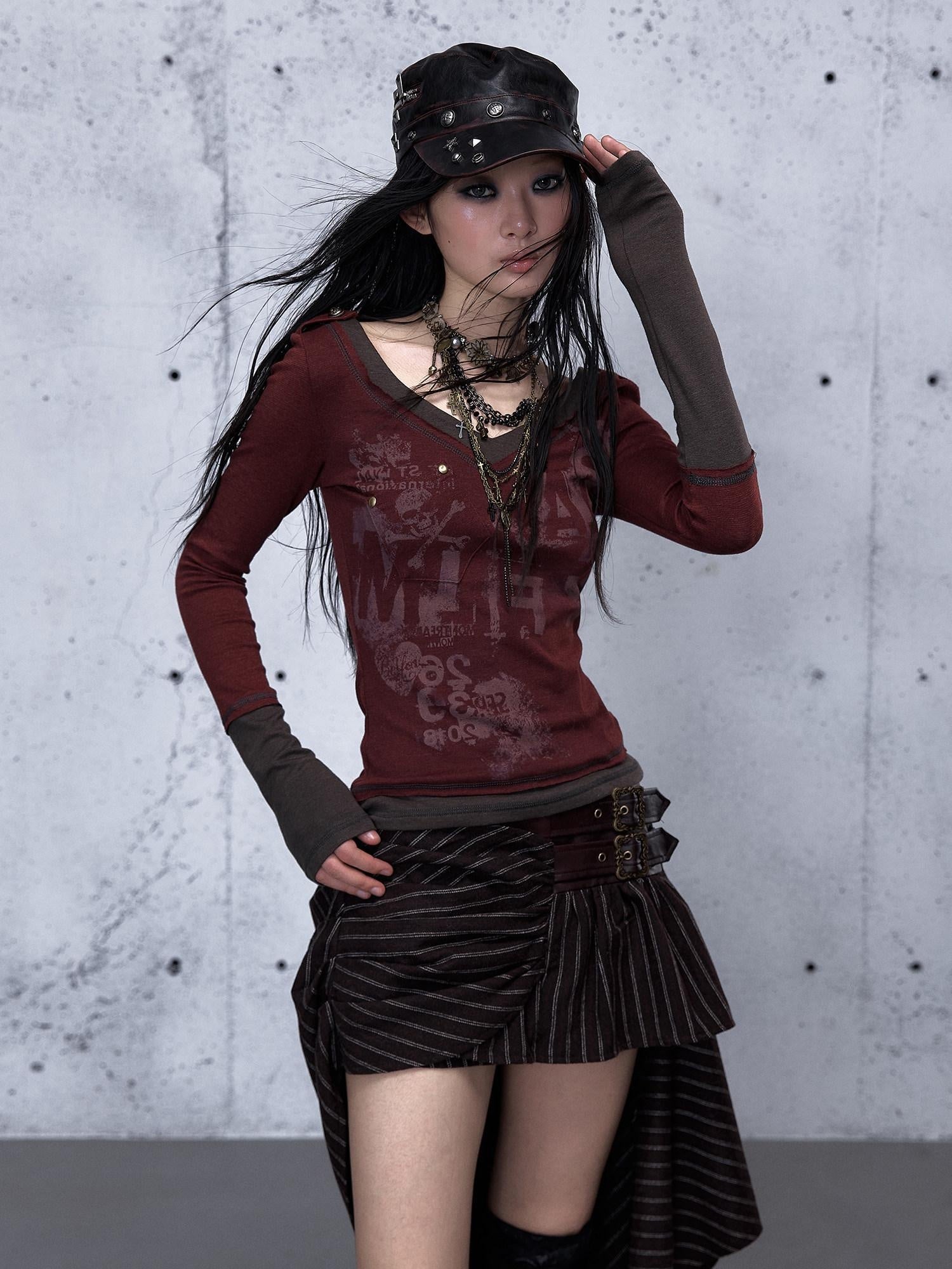 NO ROMANCE Waist Cinching Retro V Neck Patchwork Long Sleeve Women Letter Print T-Shirt