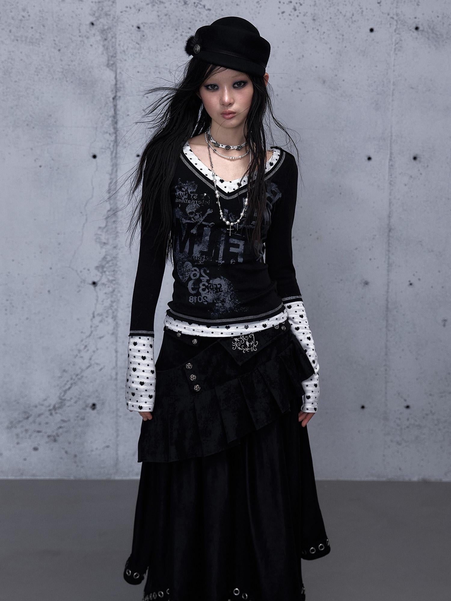 NO ROMANCE Waist Cinching Retro V Neck Patchwork Long Sleeve Women Letter Print T-Shirt